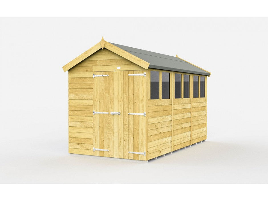 The 7ft wide Apex Shed by ShedsDIY is perfect for garden storage, featuring a sloped roof and large windows. With tongue and groove construction, it has secure double doors with metal hinges, standing out against a plain white backdrop.