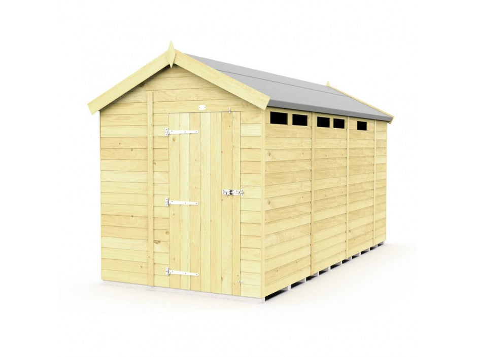 The Apex Shed 7ft wide by ShedsDIY features tongue and groove construction, a gabled roof, small top rectangular windows, and is ideal for garden storage. It includes a single door with metallic hinges and a sturdy latch.