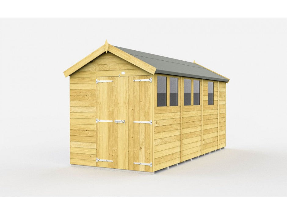 The 7ft-wide Apex Shed by ShedsDIY offers ample garden storage with its sloped roof and multiple windows on one side. Crafted with tongue and groove panels, it includes large double doors with durable metal hinges, all shown against a plain white background.