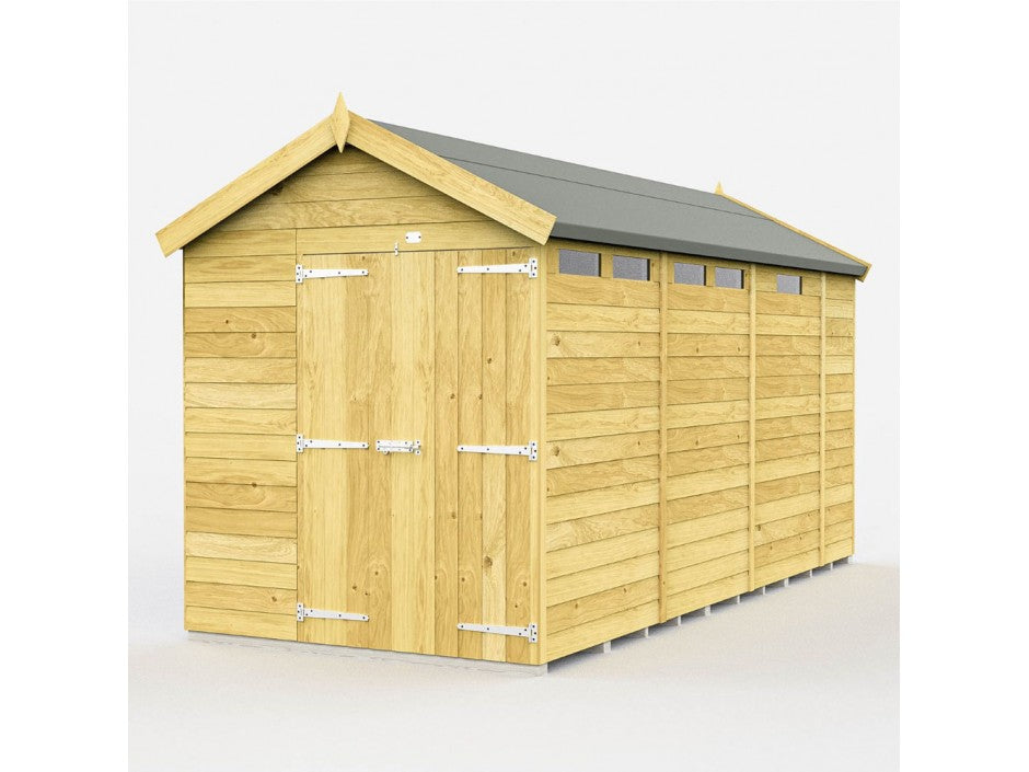 The ShedsDIY Apex Shed 7ft wide is ideal for garden storage with its large, light-colored wood and pitched roof. It features a gray-green roof, tongue and groove craftsmanship, three small windows at the top, and double doors with metal hinges and a small handle.