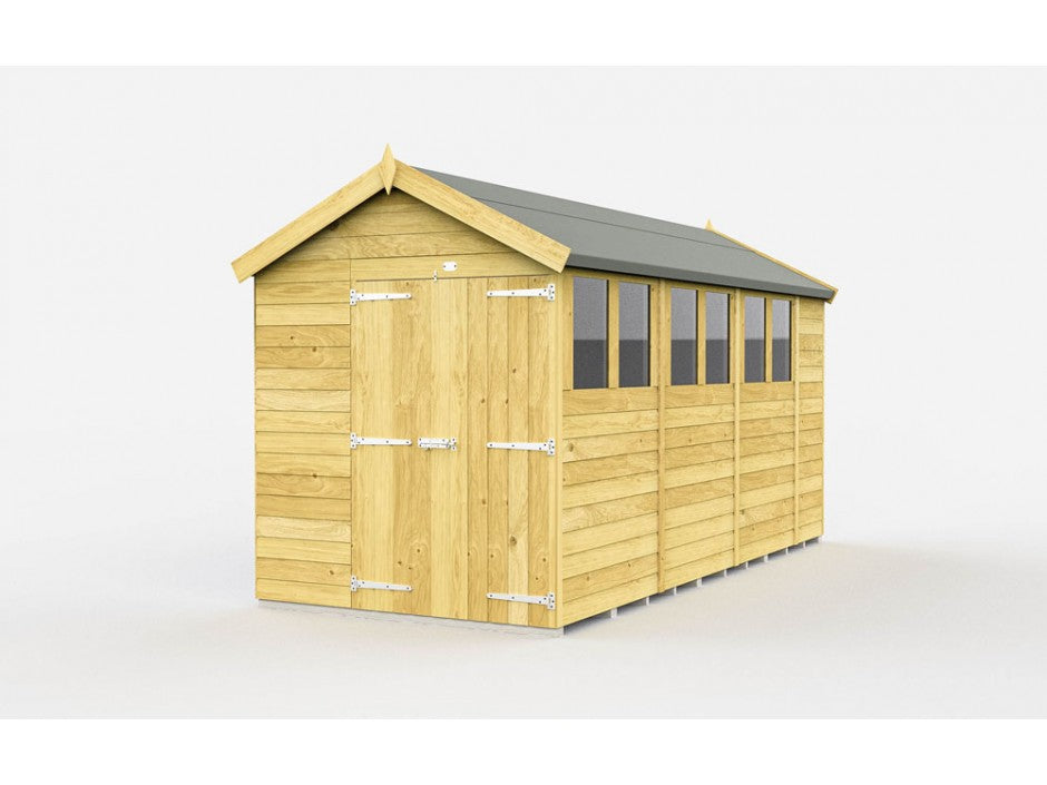 The ShedsDIY Apex Shed 7ft wide features a classic wooden design with a pitched roof, tongue-and-groove construction, and multiple side windows for added appeal. Its natural wood finish and sturdy metal hinges make it ideal for garden storage, complementing any setting.
