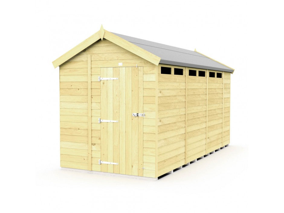 The ShedsDIY Apex Shed 7ft wide has a classic pointed gray roof, tongue and groove construction, and includes a single door with metal hinges. It features small rectangular windows near the roofline and offers ample storage in its light-colored wooden design.