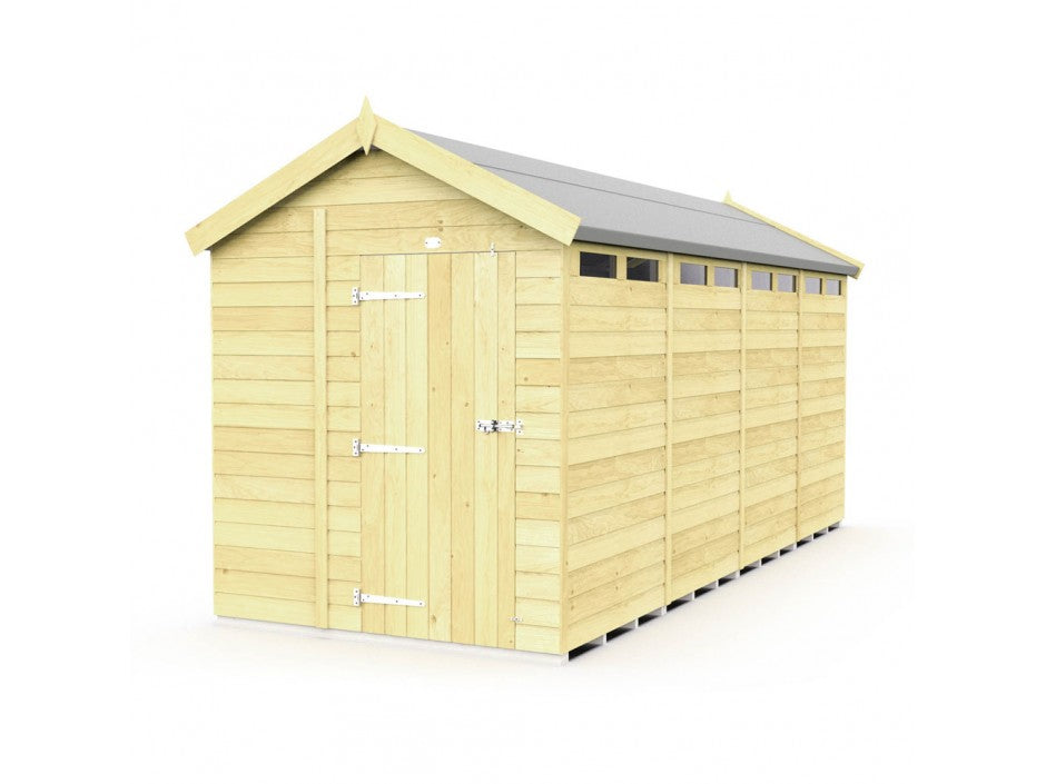 The large wooden ShedsDIY Apex Shed, 7ft wide, features a tongue and groove design, pitched roof, and small windows near the top. Perfect for garden storage, it comes with a single front door equipped with a sturdy metal latch and hinges.