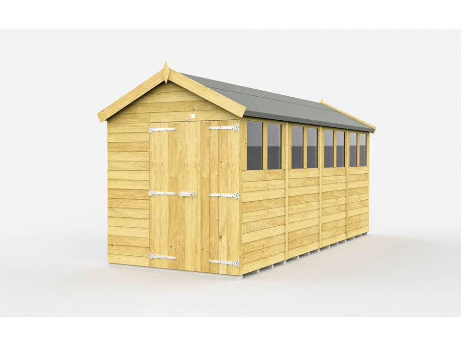 The ShedsDIY Apex Shed 7ft wide is ideal for garden storage, featuring tongue and groove panels, a pitched roof, and a classic design. It has large double doors with metal hinges and multiple windows on one side, all showcased against a plain white background.