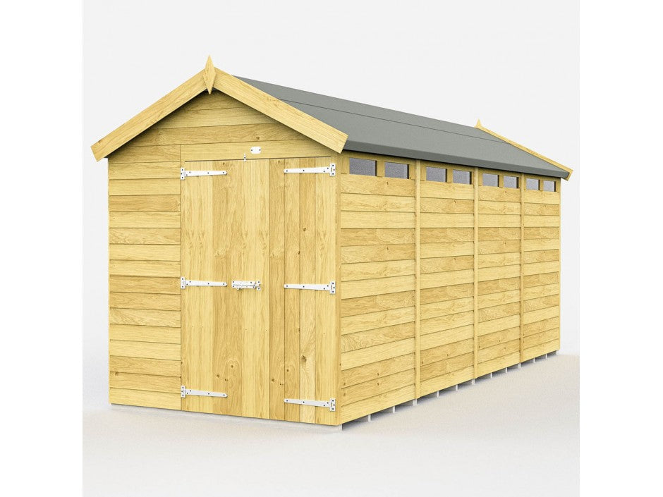 The Apex Shed 7ft wide by ShedsDIY features tongue and groove paneling, a green corrugated roof, horizontal planks, double doors with metal hinges and locks, and small rectangular windows under the roofline for added charm.