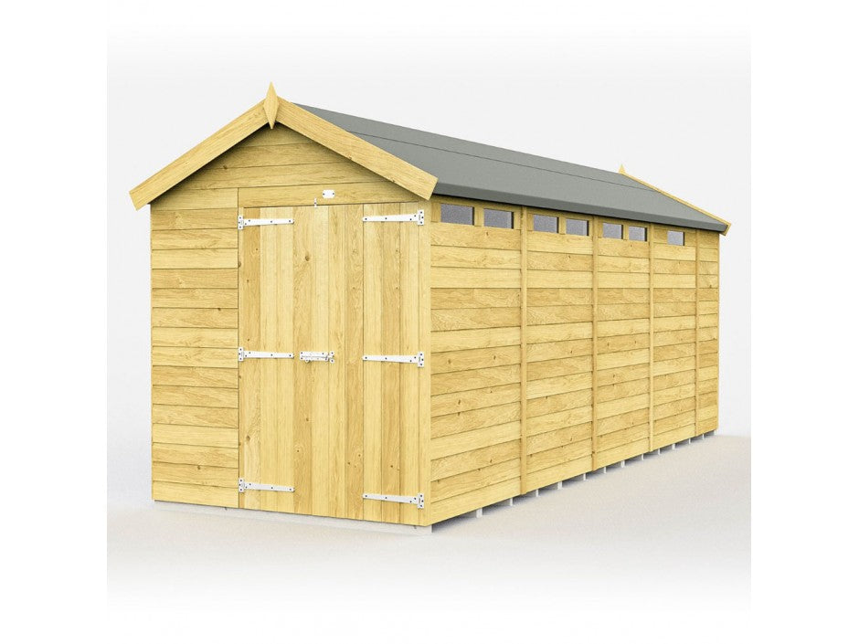 The ShedsDIY Apex Shed 7ft wide features a gabled roof, light wooden paneling with tongue and groove construction, large double doors with metal hinges, a row of small windows along the top edge, and a roof covered in dark weatherproof material.