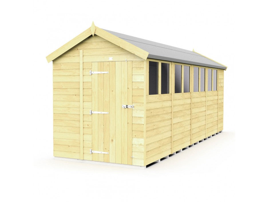 The ShedsDIY Apex Shed 7ft wide features a wooden tongue and groove design with a pitched roof, single front door, and multiple windows on one side, contrasting beautifully in an unfinished look against its white background.