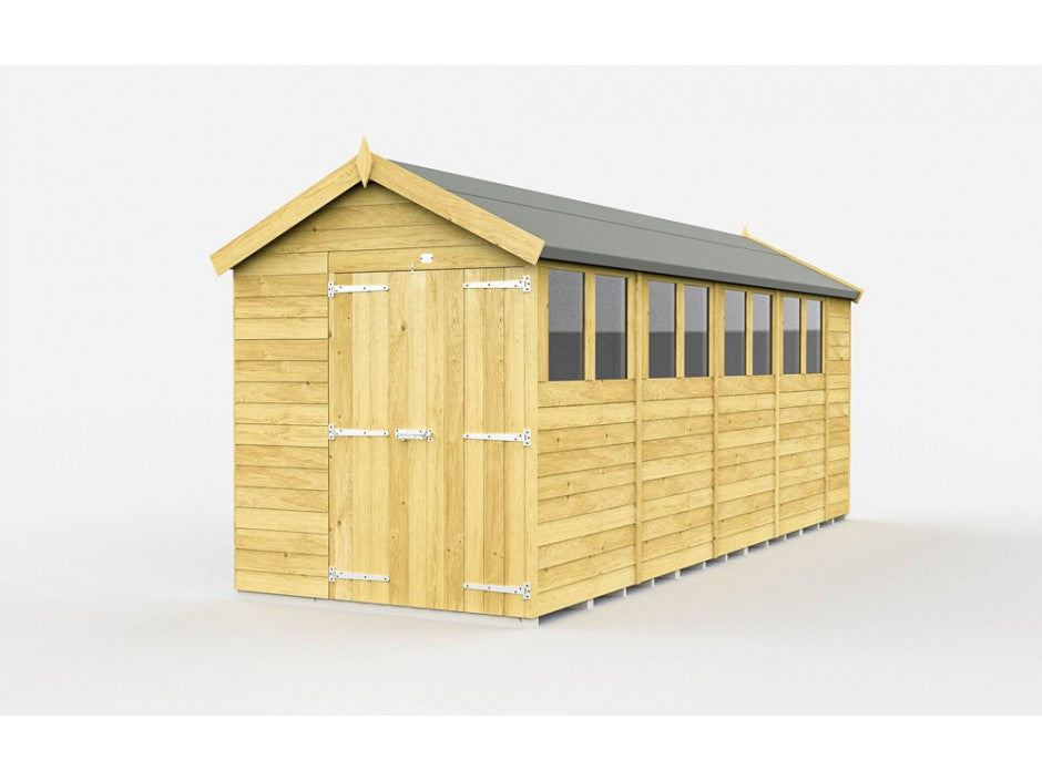 The ShedsDIY Apex Shed 7ft wide is a long wooden shed featuring a pitched roof, large double front doors, and multiple windows on one side. Perfect for garden storage, it's constructed from light-colored tongue and groove timber panels with a dark material roof.