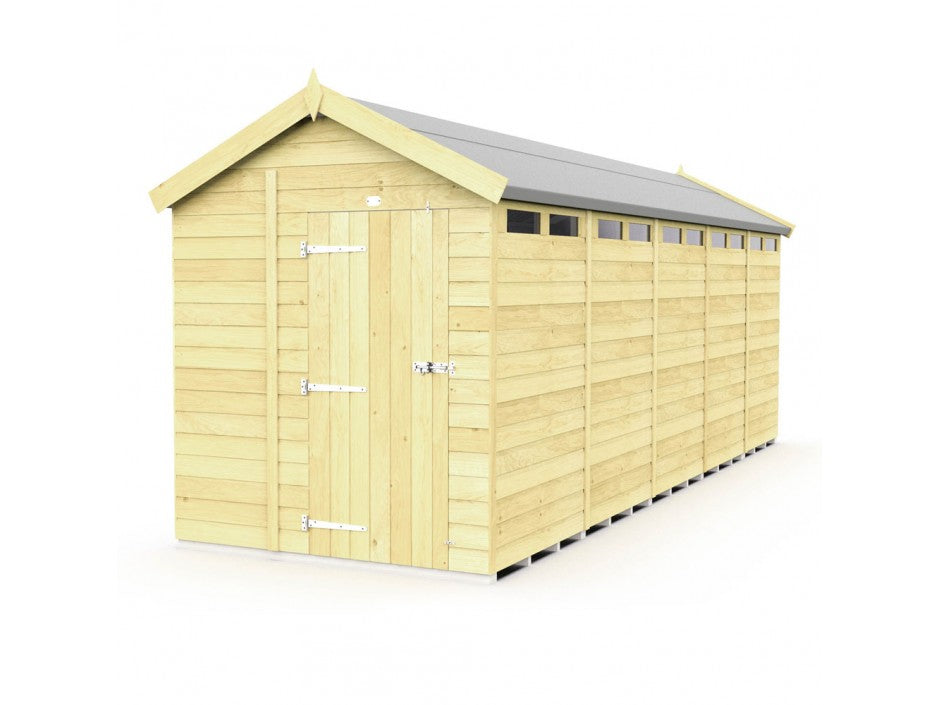 ShedsDIY introduces the Apex Shed 7ft wide, featuring a wooden design with a sloped roof and several small windows, ideal for garden storage. Precision-crafted with tongue and groove panels, it includes a single door with metal hinges and a latch, showcased beautifully against a white background.