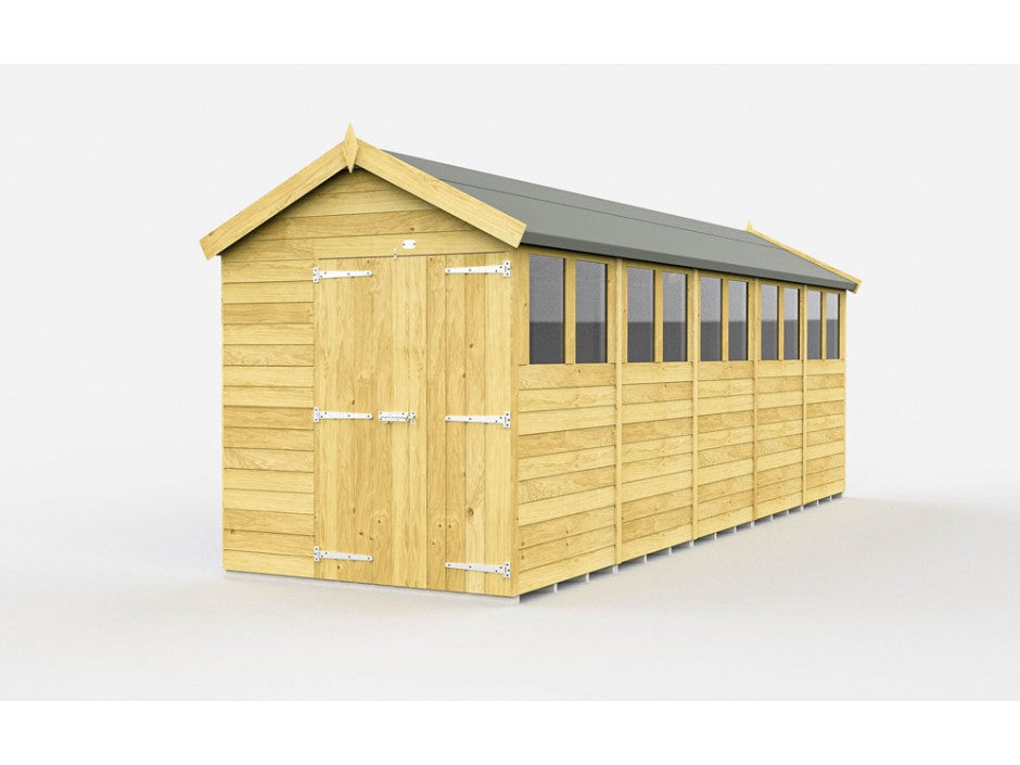 The Apex Shed 7ft Wide by ShedsDIY is a wooden garden shed featuring a gabled, tongue and groove gray roof with horizontally paneled walls. It has multiple side windows and double front doors for easy access to storage, making it a classic choice among similar structures.