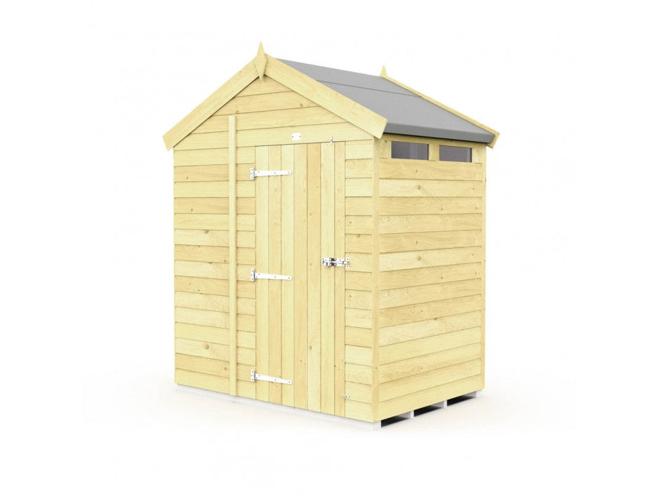 A 7ft wide ShedsDIY Apex Shed features a peaked roof, two metal hinges, and a latch on the door. It offers garden storage with a narrow window near the roofline, made from light-colored tongue and groove wood panels.