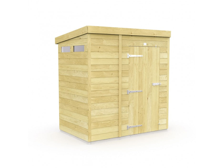 The ShedsDIY Pent Shed 4ft wide features a slanted pent roof, three horizontal windows near the top, and a single door with metal hinges and latch. It has tongue-and-groove cladded panels for a natural wood finish against a plain white background.