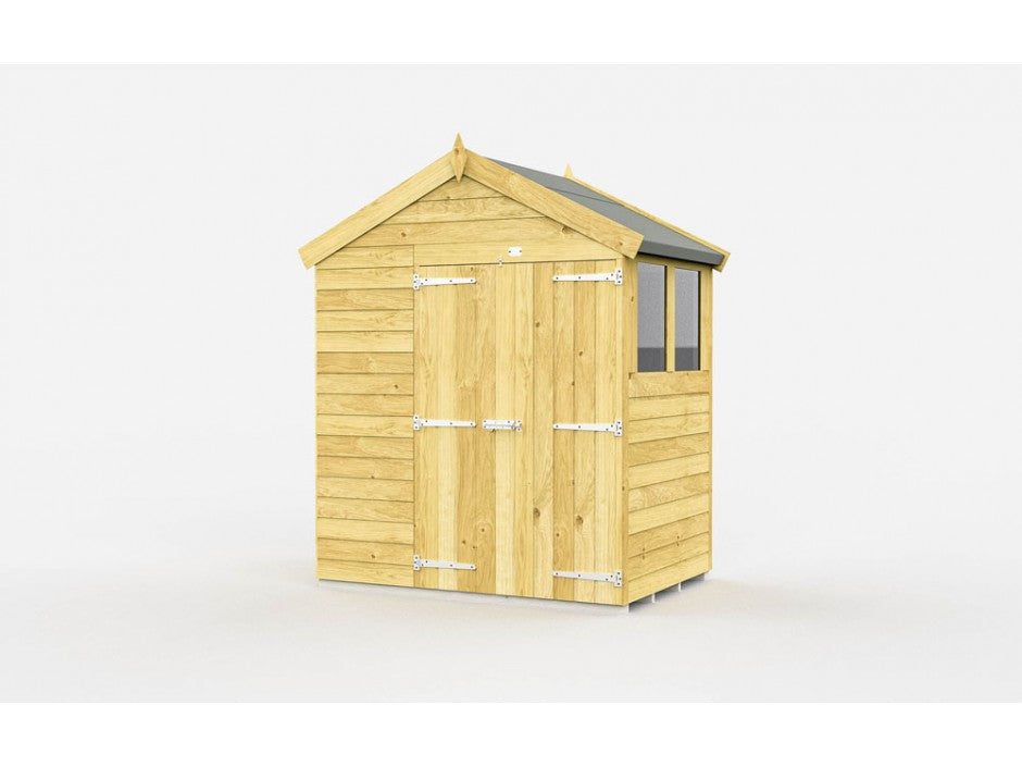 The Apex Shed 7ft wide from ShedsDIY is a small wooden garden shed with durable tongue and groove paneling. It features a pitched roof, dual doors with metal hinges, and a side window with glass panes, perfect for garden storage. Set against a plain white background.