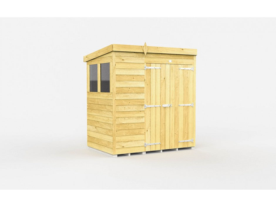 The ShedsDIY Pent Shed, 4ft wide, features a flat roof with tongue and groove cladded panels, large double doors with metal hinges, and two small square windows on the left. Its light color stands out against a white background.