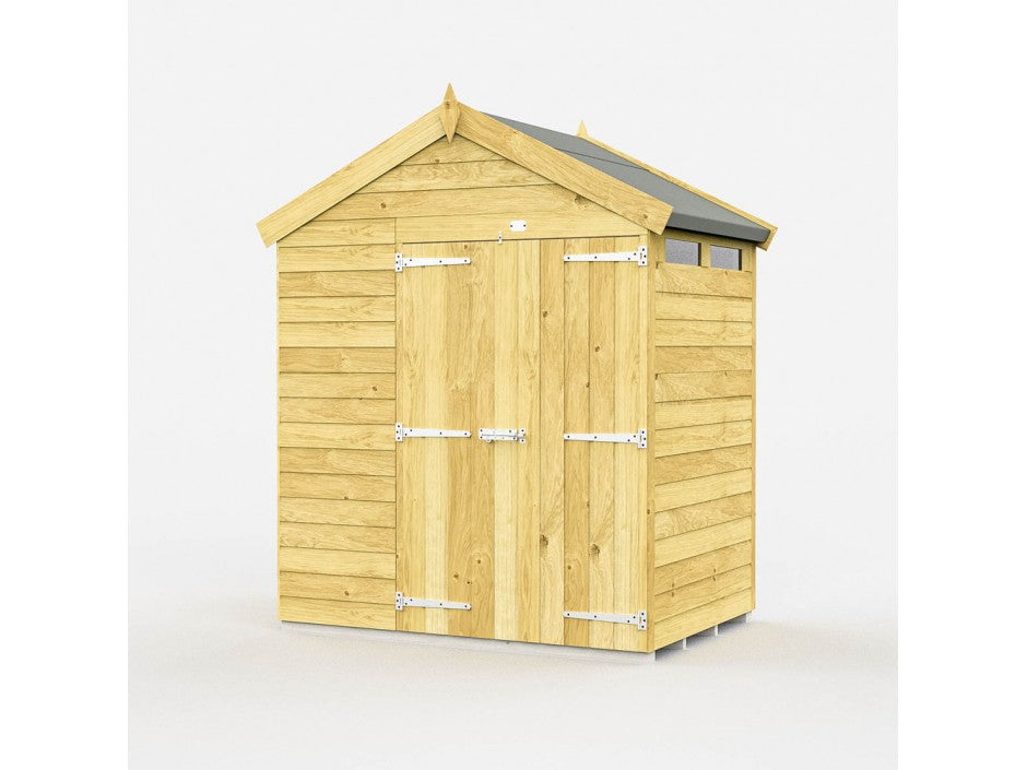 The ShedsDIY Apex Shed 7ft wide boasts a gable roof, metal door hinges, and a tongue and groove design. With its light wood finish and small side window, it serves as an elegant garden storage solution against a simple backdrop.