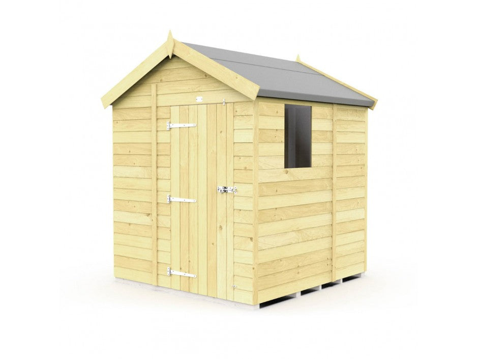 The Apex Shed 7ft by ShedsDIY is a charming, light wood garden shed with a peaked roof and gray shingles. Made with tongue and groove panels, it boasts a single door with a metal latch and one side window, perfect for garden storage against a white background.