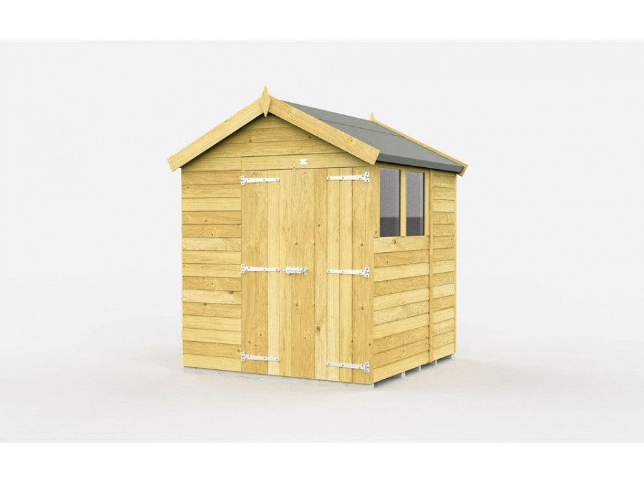 The ShedsDIY Apex Shed 7ft wide features a small wooden structure with a pitched roof, tongue and groove paneling, and a single door with metal hinges. A window provides light, while the plain, light-colored background showcases its garden storage potential.