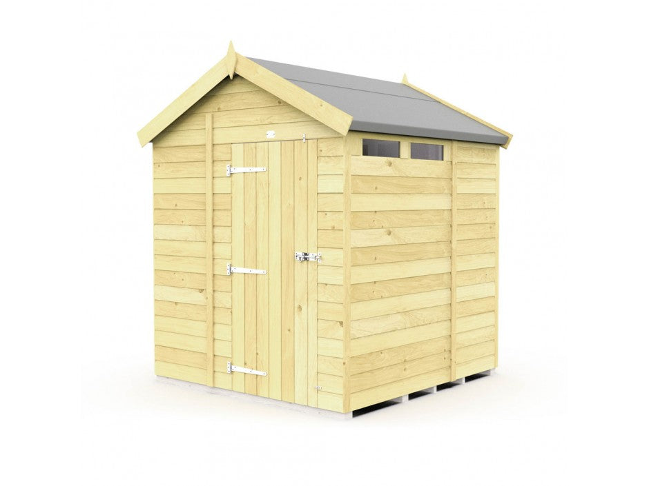 The ShedsDIY Apex Shed 7ft wide features a small garden storage unit with a pitched roof, horizontal slats, metal-hinged door with clasp, two small windows on one side, and a tongue-and-groove roof in a darker shade than the walls.
