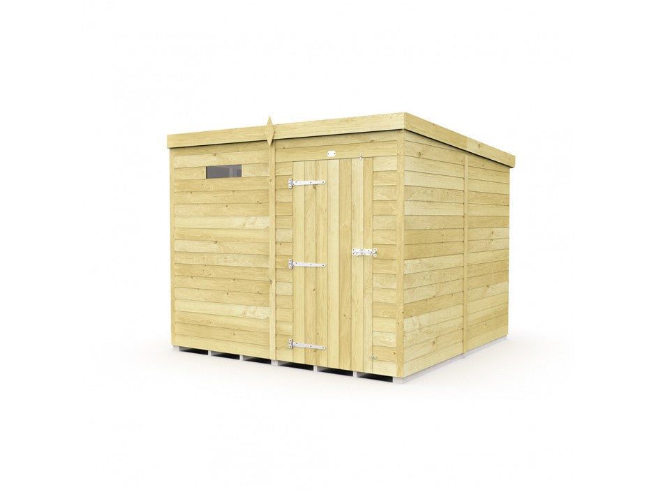 The ShedsDIY Pent Shed 8ft wide is a small wooden shed with a flat roof and a light natural finish. It features tongue and groove construction, a door with metal hinges, and a small rectangular window, making it ideal for garden storage. The shed is shown on a white background.