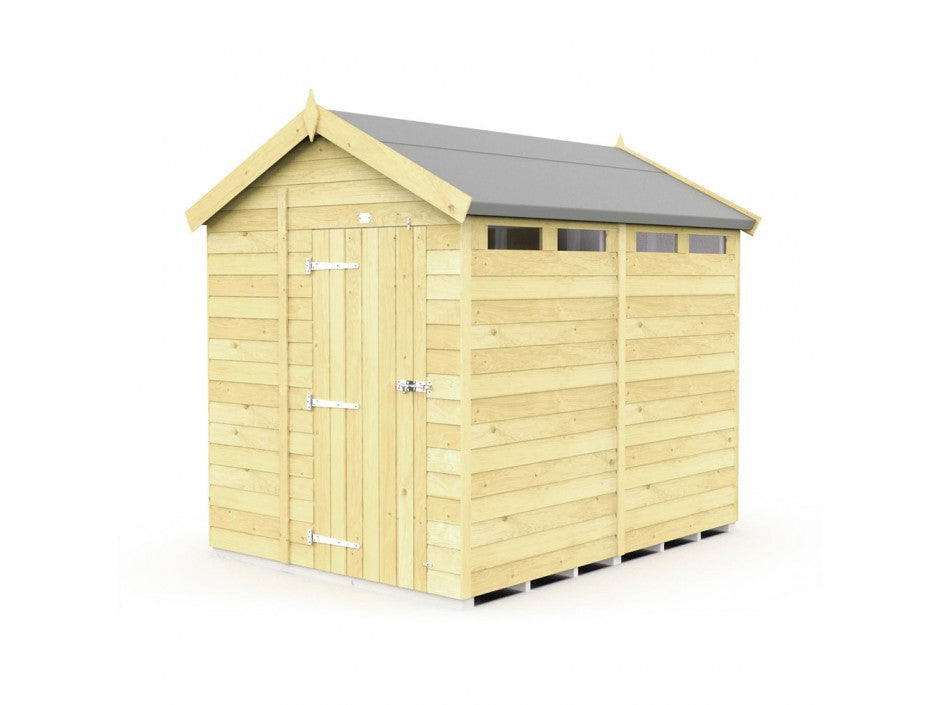 The ShedsDIY Apex Shed 7ft wide offers great garden storage with tongue and groove wooden panels, a pitched roof, single door with metal latch, and three small windows near the roofline. It stands on a flat surface and is made of light-colored wood.