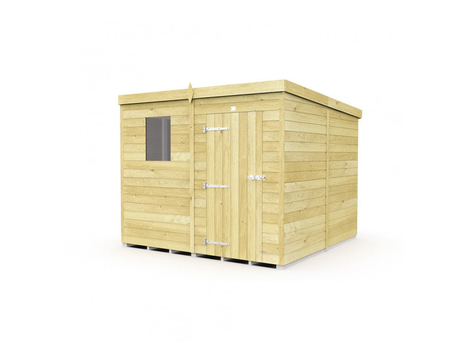 The ShedsDIY Pent Shed, 8ft wide, is a small wooden structure with a flat roof made of tongue and groove horizontal planks. It features a single door with metal hinges and a rectangular window to the left, ideal for garden storage. The shed is shown isolated on a white background.