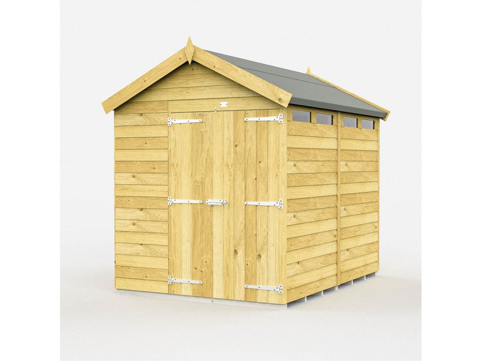 The ShedsDIY Apex Shed 7ft wide showcases a pitched roof, metal-hinged double doors, and side horizontal windows. It's perfect for garden storage with its tongue and groove design that highlights the natural wood texture against a plain white background.