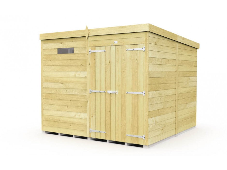 The ShedsDIY Pent Shed 8ft wide is a wooden shed with a flat roof and horizontal slats, providing convenient garden storage. It has large double doors with metal hinges, a small side window, and is built with tongue and groove paneling on a platform supported by visible slats.