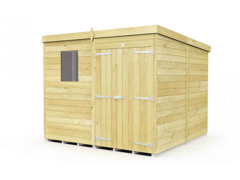 The ShedsDIY Pent Shed 8ft wide features a flat roof, double doors, and tongue and groove plank construction. Perfect for garden storage, it has a small window without visible panes on the left side and stands against a white background.