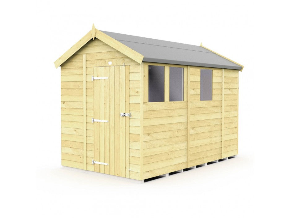 The ShedsDIY Apex Shed 7ft wide features tongue and groove wood panels arranged horizontally, a pitched roof, two rectangular windows, and a left-side door with a metal latch and hinges. Elevated for garden storage, it showcases a sturdy base.