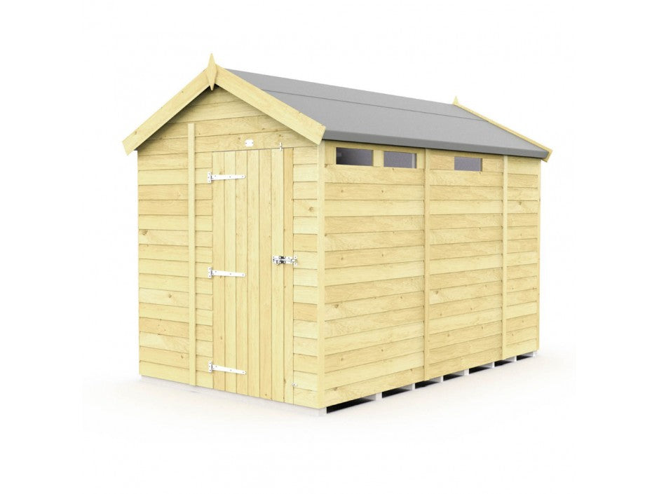 The ShedsDIY Apex Shed 7ft wide boasts a tongue and groove design, sloped roof, double doors with metal hinges and lock, and rectangular windows near the roofline. Ideal for garden storage, it features a natural wood finish and requires a grassless surface.