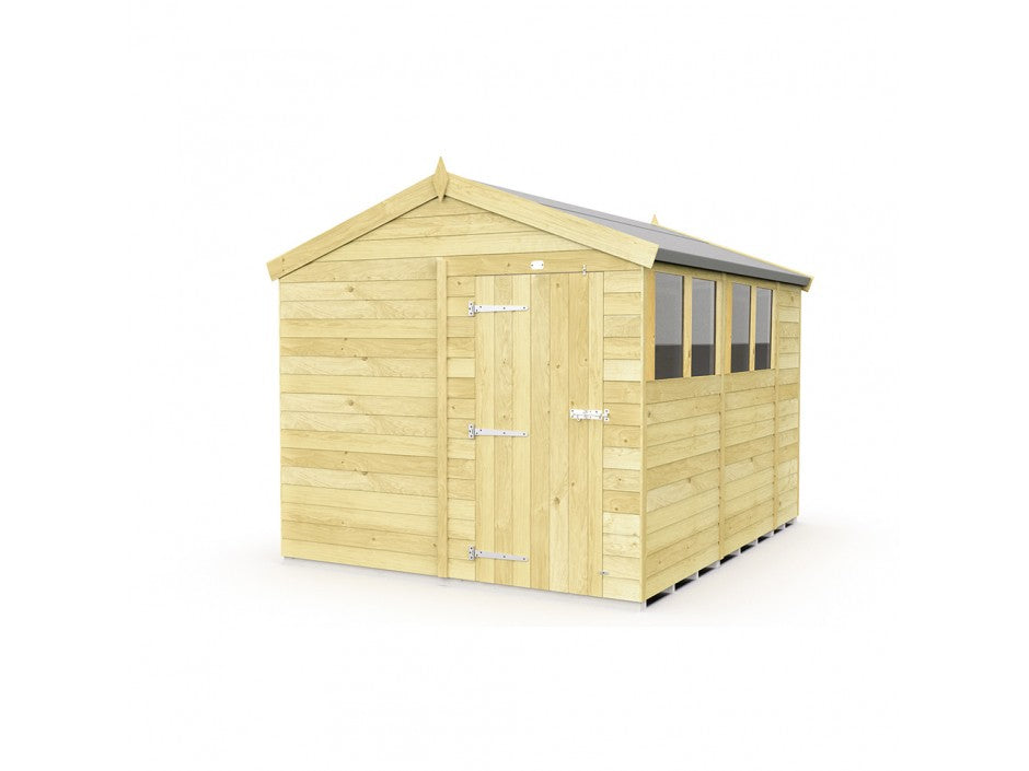 The ShedsDIY Apex Shed 8ft wide is a light-colored tongue and groove wooden shed with a pitched roof, single door with metallic hinges and handle, featuring four square windows on the right side. It is shown isolated on a white background.