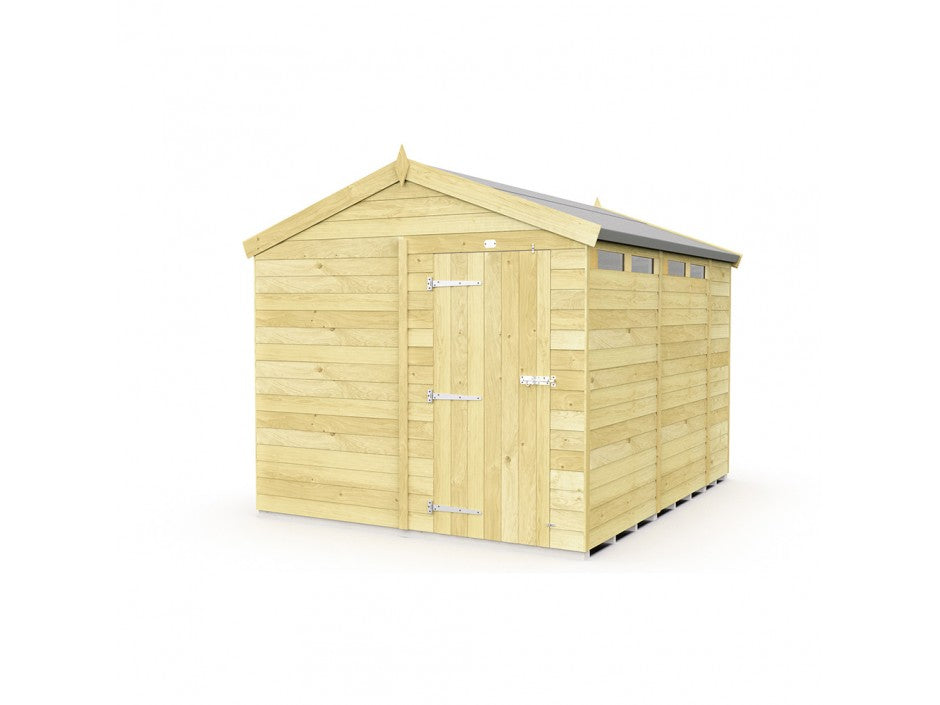 The ShedsDIY Apex Shed 8ft wide, perfect for garden storage, features a pitched roof and single front door. Its light natural wood finish and tongue-and-groove design are enhanced by a row of small windows at the top, set against a plain white background.