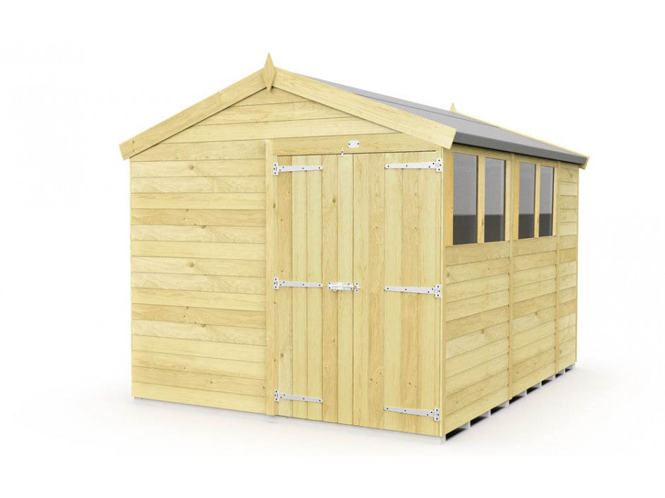 The ShedsDIY Apex Shed 8ft wide features tongue and groove construction, a pitched roof, and three side windows. It includes front double doors with metal hinges and latches for ample storage. The light-colored wood panels complete its charming design.