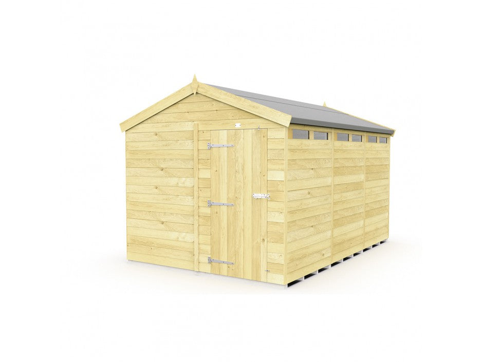 The ShedsDIY Apex Shed 8ft wide features a slanted roof and single door on the left, ideal for garden storage. It offers a white tongue and groove exterior with horizontal wooden panels and small windows near the roofline.
