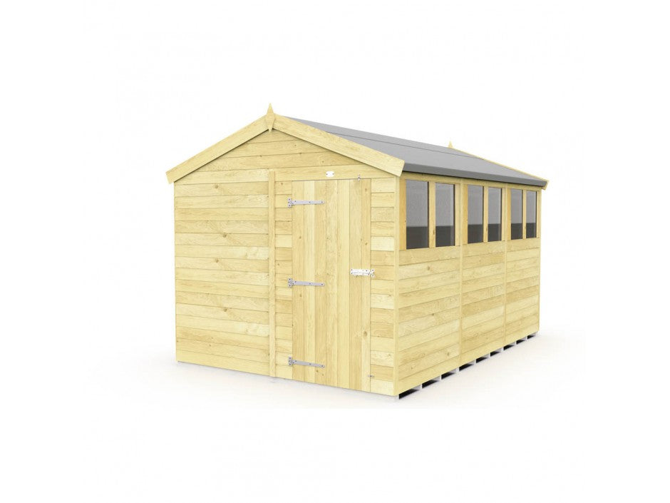 The ShedsDIY Apex Shed 8ft wide features a pitched roof and several windows on one side, ideal for garden storage. Equipped with a door with metal hinges and latch plus durable tongue and groove construction, it is practical and stylish against the white background.