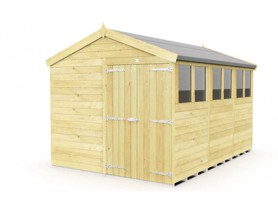 The ShedsDIY Apex Shed 8ft wide is ideal for garden storage, featuring a gabled roof and several windows on one side. Its front has double doors with metal hinges, and the tongue and groove construction highlights its natural wood texture against a white backdrop.