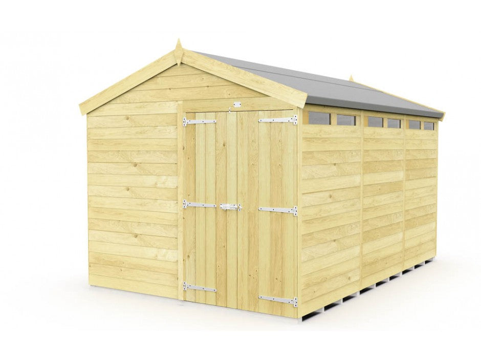 The ShedsDIY Apex Shed 8ft wide is a light wooden garden storage shed featuring a gabled dark gray roof, double doors, and metal hinges. It has horizontal tongue-and-groove siding with small windows near the roofline on one side for contrast.