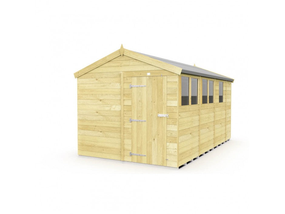 The ShedsDIY Apex Shed 8ft wide, crafted with robust tongue and groove panels, features a pitched roof typical of Apex designs. It provides stylish garden storage with three side windows and a metal-hinged door, set against a plain white backdrop.