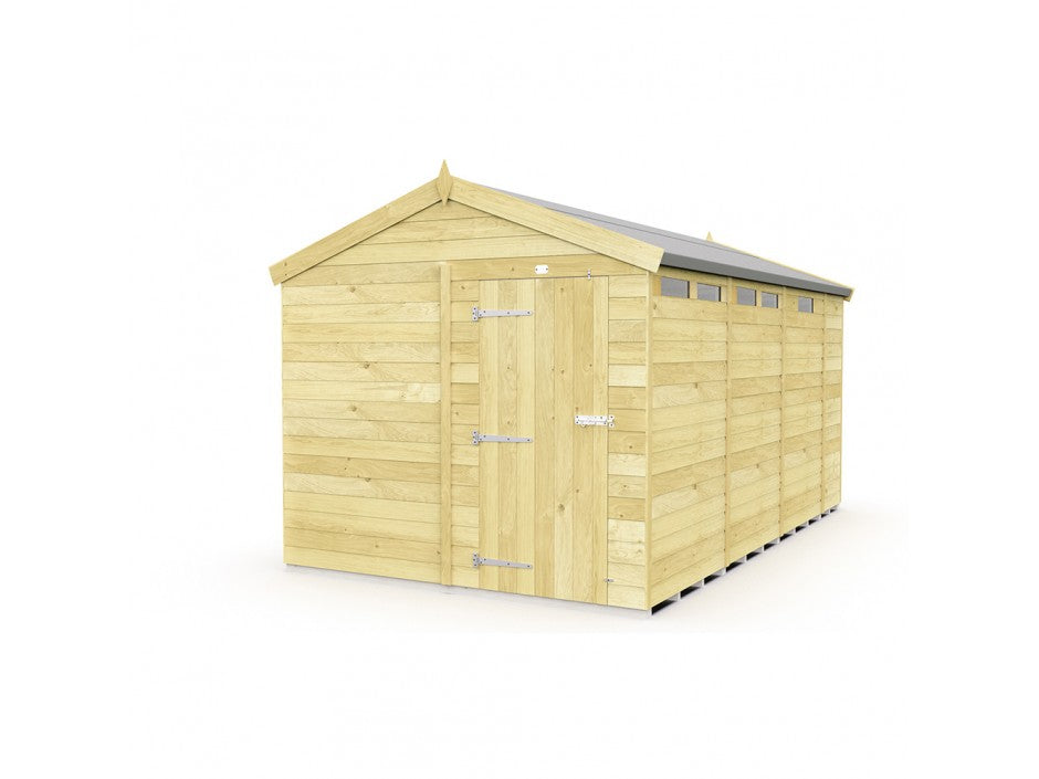 The ShedsDIY Apex Shed 8ft wide boasts a wooden design with a gabled roof, perfect for garden storage. It features tongue and groove construction, a metal-hinged front door, and small windows on the right side, all set against a plain white background.