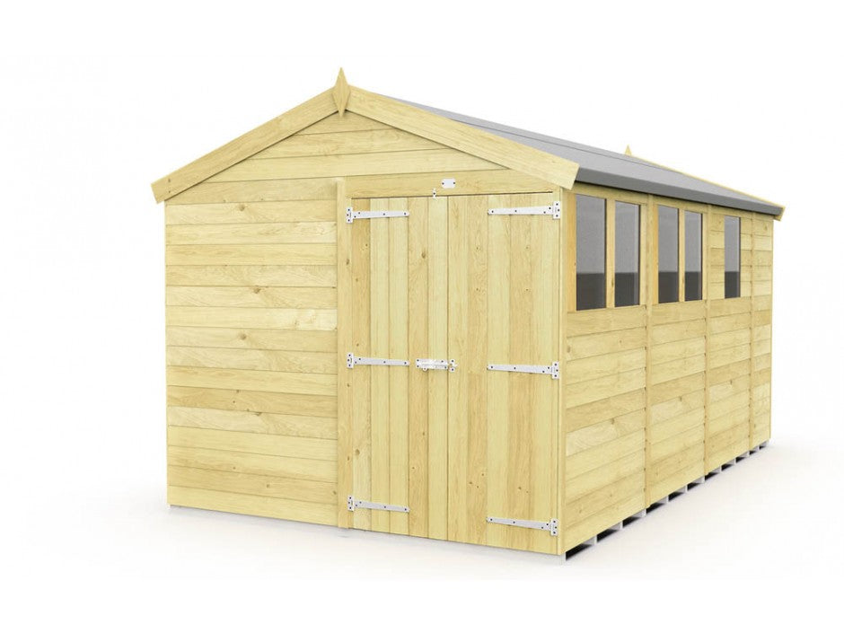 The ShedsDIY Apex Shed 8ft wide is a spacious wooden garden storage unit with a tongue and groove design, featuring a pitched roof, four windows, and double doors. It has a natural wood finish complemented by a roof covered in dark tarp or shingles.