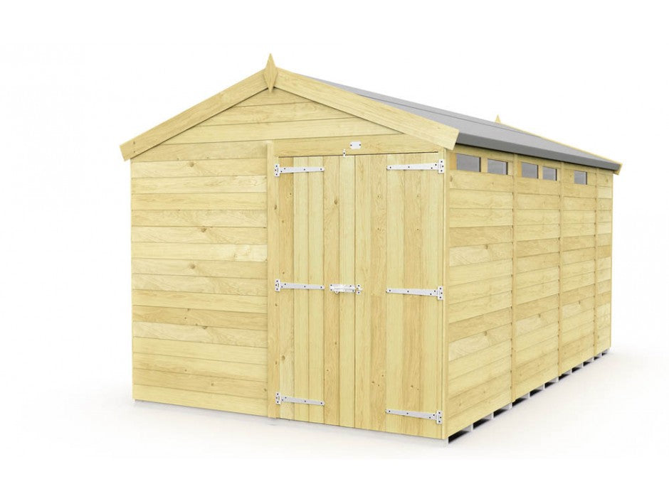 The ShedsDIY Apex Shed 8ft wide features a peaked roof, double doors with metal hinges, and tongue-and-groove wooden plank walls. Small rectangular windows are near the roofline on one side. Ideal for garden storage, it's designed to sit on a flat surface.