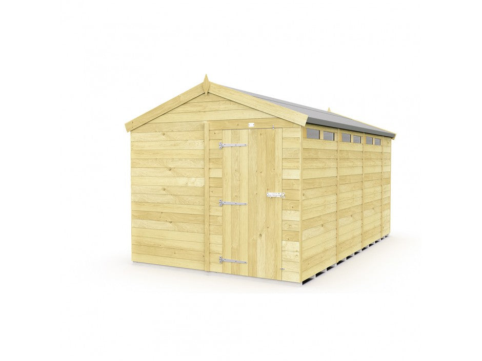 The ShedsDIY Apex Shed 8ft wide is a light wooden garden storage solution with a pitched roof and a small window section. It features a front door with metal hinges and handle, crafted in durable tongue and groove style, all highlighted against a white background.