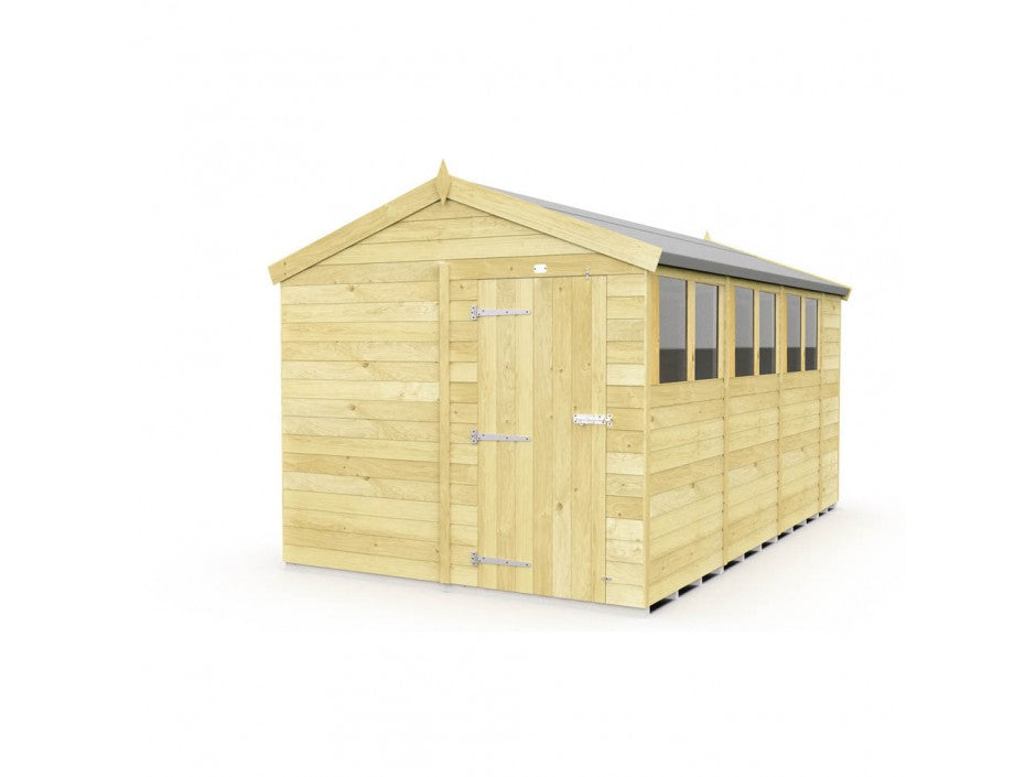 The Apex Shed 8ft wide from ShedsDIY features a sloped roof, tongue and groove design, windows on the right side, and a front door with metal hinges and latch. Perfect for garden storage, it stands on a basic foundation and has a fresh appearance.