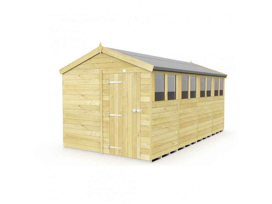 The Apex Shed 8ft from ShedsDIY is a durable wooden garden shed with tongue and groove construction. It features a sloped roof in dark material, multiple windows, and a secure door with metal hinges and a lock for safe garden storage.