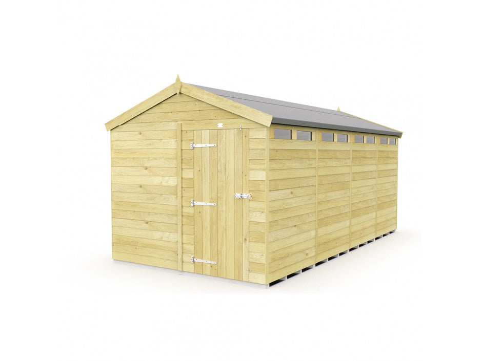 The Apex Shed 8ft wide by ShedsDIY is a large wooden garden shed featuring horizontal panels, a pitched tongue-and-groove roof, and natural wood finish. It boasts a hinged door and small rectangular windows on the apex, making it ideal for practical garden storage.