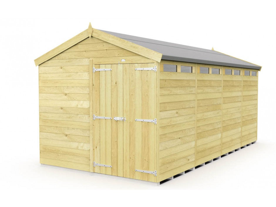 The Apex Shed 8ft wide by ShedsDIY has light yellow wood, a gable roof, sturdy metal hinges on front double doors, and vertical tongue and groove planks. Its charm is elevated by small roofline windows on the gray-roofed structure.