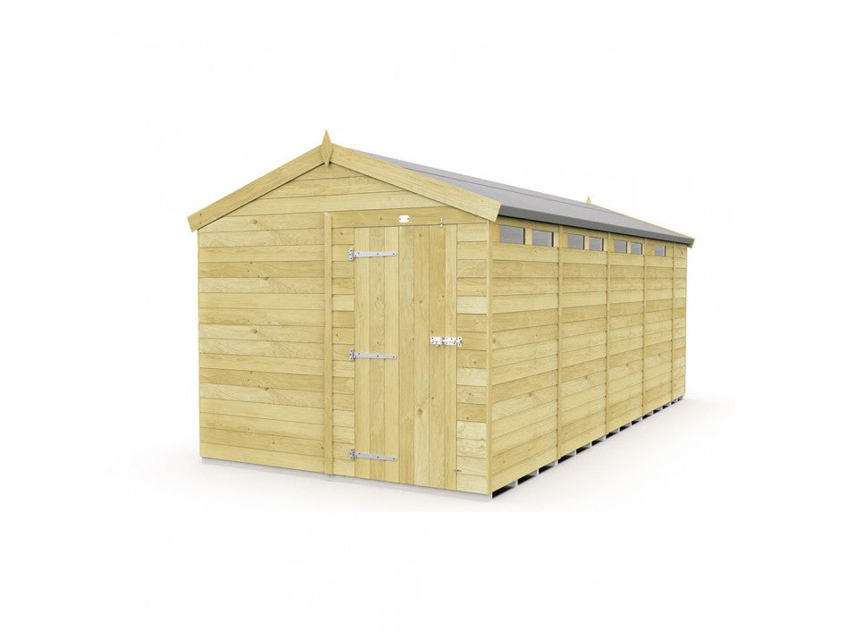 The Apex Shed 8ft wide by ShedsDIY is a spacious wooden garden shed with a gabled roof and single front door. Made from light-colored wood panels in a tongue and groove design, it includes metal hinges, lock, and sits on a flat light surface against a white background for ample storage.