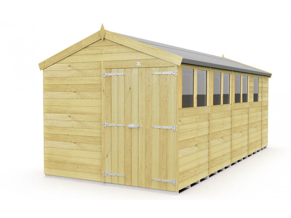 The ShedsDIY Apex Shed 8ft wide is a wooden garden shed with a gabled roof, several windows on one side, and tongue and groove construction. It features a sturdy design with double doors on metal hinges, ideal for garden storage.