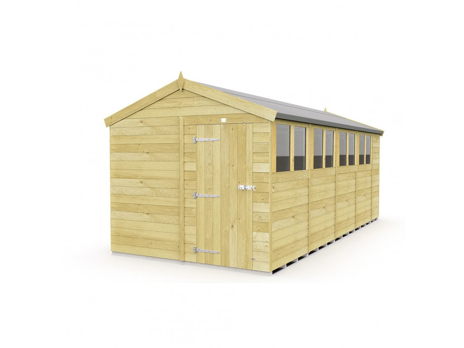 The Apex Shed 8ft wide, by ShedsDIY, features a pitched roof and windows along one side. Its durable tongue-and-groove construction provides ample garden storage, while the sturdy wooden door with metal hinges and a secure lock offers elegance against a plain white backdrop.