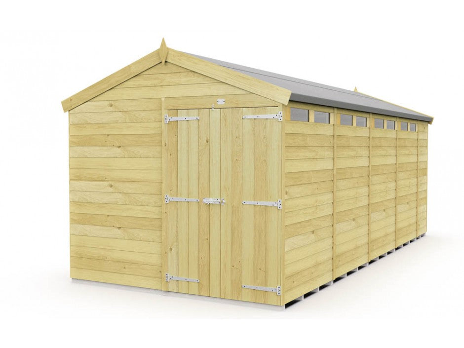 The Apex Shed 8ft wide by ShedsDIY features a classic apex design with a pitched roof, double doors with metallic hinges, and light-colored tongue-and-groove panels. It includes multiple narrow windows near the top for stylish garden storage.